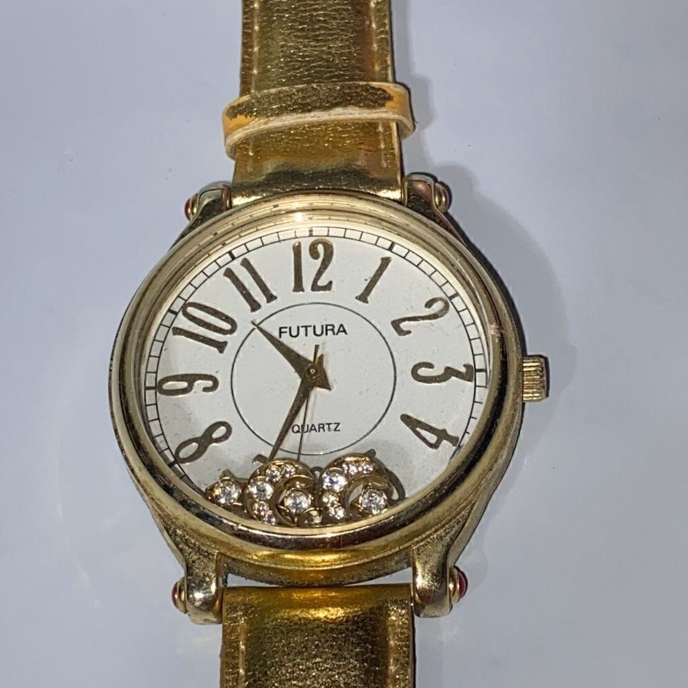 Futura Women's‎ Gold Tone Floating Rhinestone Leather Band Quartz Watch OS
